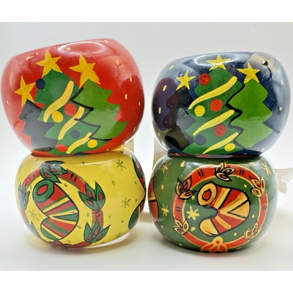 Christmas Napkin Rings Set 4 Lillian Vernon Wood Tree & Stocking Hand Painted